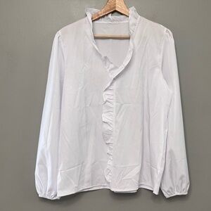 Unbranded White Long Sleeve Ruffle Accent V-Neck Blouse Size Medium